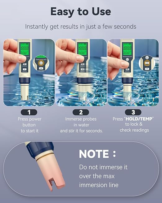 Pawfly Pool Salt Tester & pH Meter, 5 in 1 pH Salinity TDS EC & Temperature Meter, Digital Salinity Tester TDS Meter for Swimming Pool Drinking Water Aquarium Hot Tub Saltwater & Spa