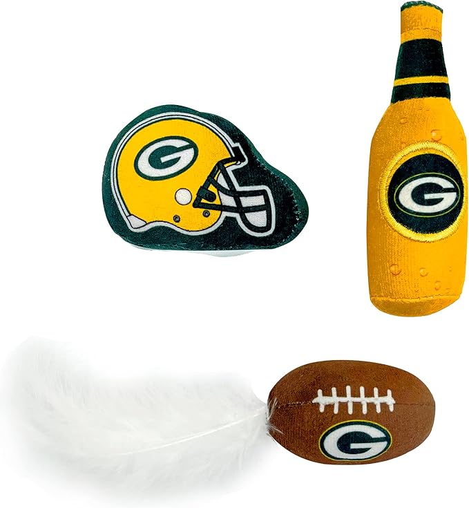 BEST PLUSH CAT TOY - NFL GREEN BAY PACKERS Complete Set of 3 piece Cat Toys filled with Fresh Catnip. Includes: 1 Helmet Cat Toy, 1 Football Cat Toy with Feathers & 1 Beer Bottle. Beautiful Team LOGOS