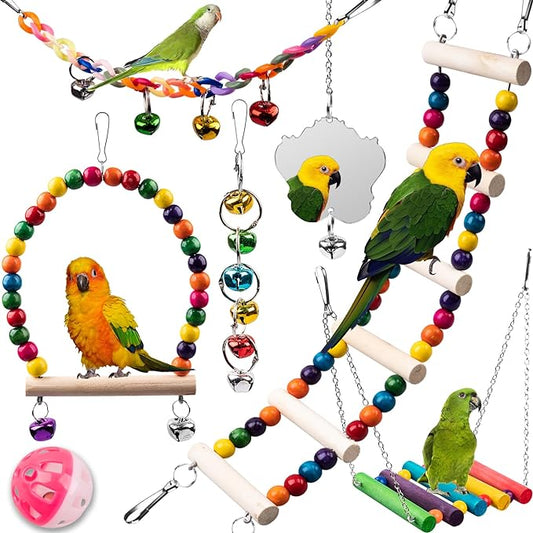 Bird Toys for Parakeets 7Pcs, Wood Parrots Toys Budgie Toys for Bird Cage Accessories, Bird Perch Swings for Small Birds Toys, Conure Cockatiel Toys, Bird Ladder Swing for Parakeets Climbing 18''