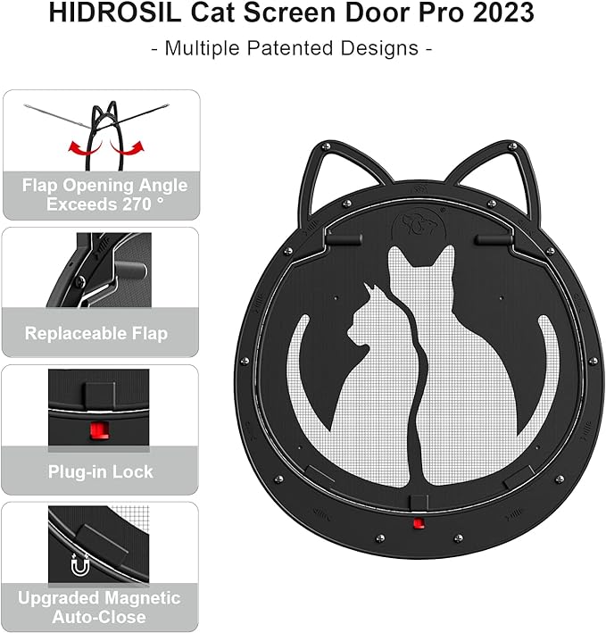 Cat Door for Screen Door, Inside Openning 10x10x0.5 inch, Patent Desigh Pet Screen Door with Lockable Magnetic Flap for Doggy and Cat Door, Suitable 0-32lb Cats and Small Dogs, Black