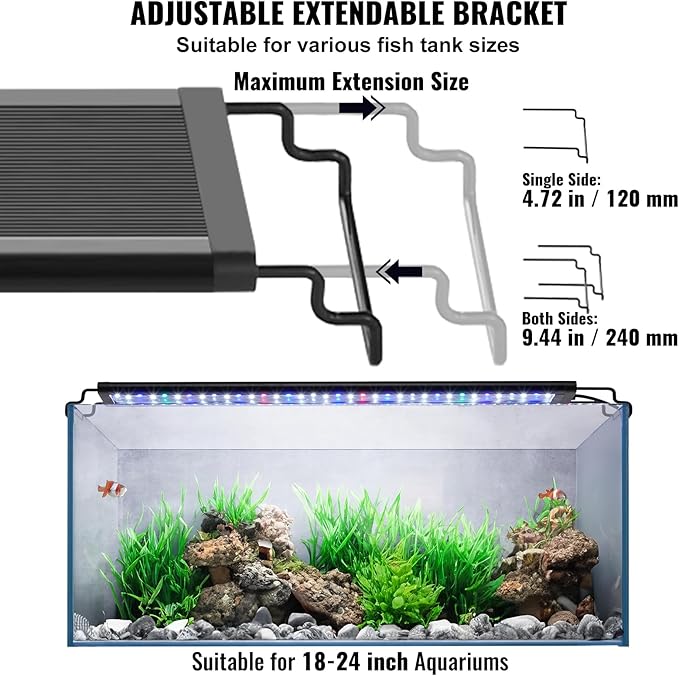 VEVOR Aquarium Light, 18W Full Spectrum Fish Tank Light with 24/7 Natural Mode, Adjustable Timer & 5-Level Brightness, with Aluminum Alloy Shell Extendable Brackets for 18"-24" Freshwater Planted Tank