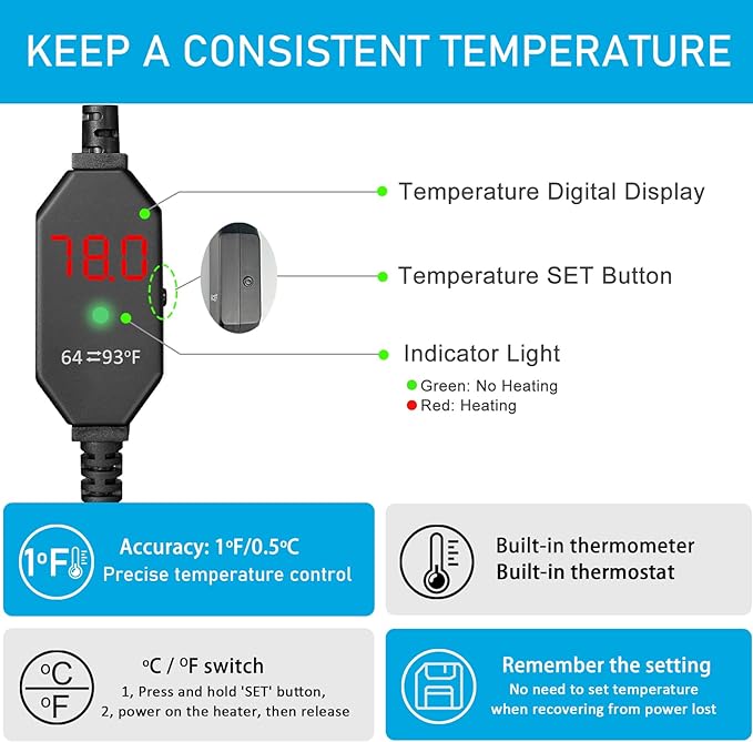 YukiHalu Small Aquarium Heater 25/50/100/150W with Protective Cover, Mini Fish Tank Heater, External Controller, Temperature Adjustable, Digital Display, Used for 5/10/20/30 Gallons (150W-30Gallon)