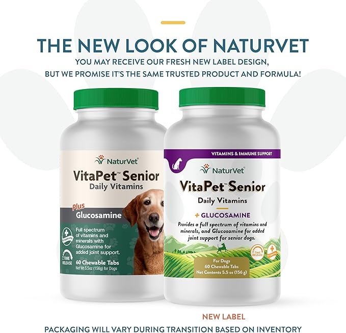 NaturVet –VitaPet Senior Daily Vitamins for Senior Dogs – Plus Glucosamine – Full Spectrum of Vitamins & Minerals – Enhanced with Glucosamine for Added Joint Support – 60 Time Release Tablets