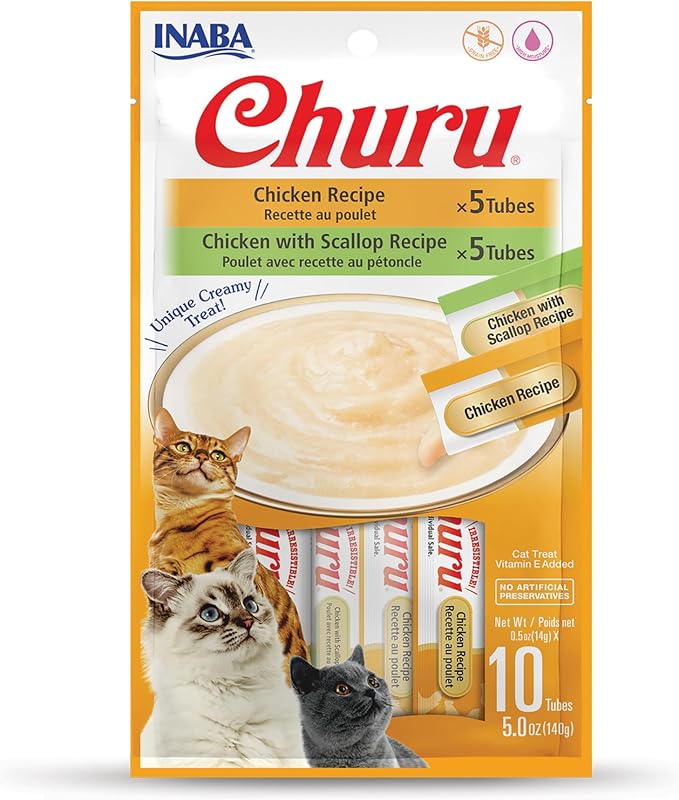 INABA Churu Cat Treats, Grain-Free, Lickable, Squeezable Creamy Purée Cat Treat/Topper with Vitamin E & Taurine, 0.5 Ounces Each Tube, 10 Tubes Total/Two Flavors, Chicken Variety