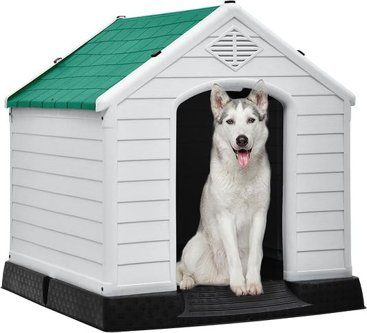 DWVO Large Outdoor Dog House, Plastic Doghouse with Air Vents and Ground Nails, Insulated Water Resistant Puppy Shelter for Small Medium Dogs (41''L x 38''W x 39''H, Green)