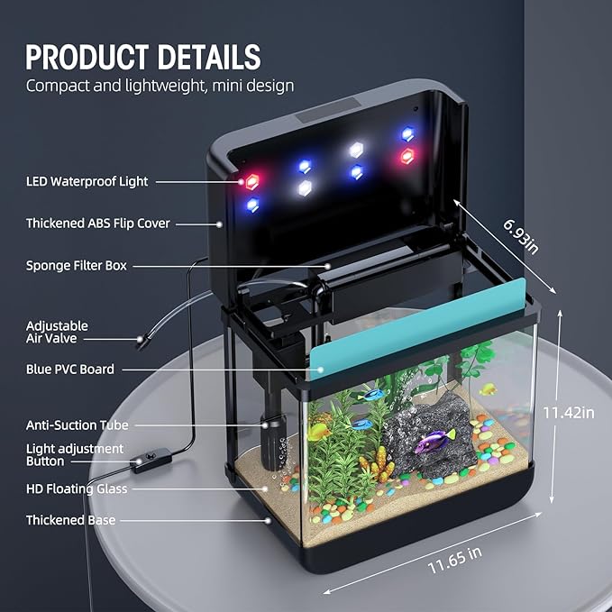 Fish Tank Aquarium 2.2 Gallon with Adjustable 3 Color Lighting Self Cleaning 3 in 1 Pump with Filteration, Oxygenation, Water Circulation Triple Function, HD Float Glass, Leak-Proof Thickened Base