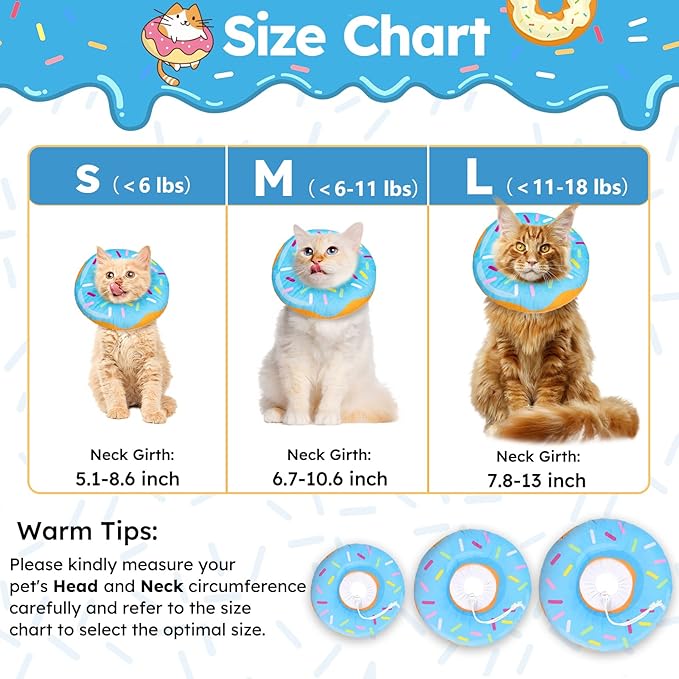 Cat Cone Collar Soft, Cat Recovery Collar for Wound Healing Cute Cat Donut Adjustable Cat Cones to Stop Licking Comfortable Lightweight Neck Elizabethan Collars for Cats Kittens After Surgery