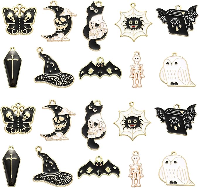 LiQunSweet 20 Pcs 10 Styles Animal Enamel Charms Book with Bat Cat Skull Skeleton for Halloween for DIY Bracelet Keychain Necklace Jewelry Making