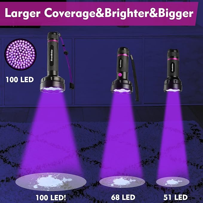 EverBrite UV Flashlight, 100 LED Blacklight Flashlights, 395nm Black Light Flashlight for Pet Urine Detection, Carpet, Scorpions and Bed Bug, Batteries Included