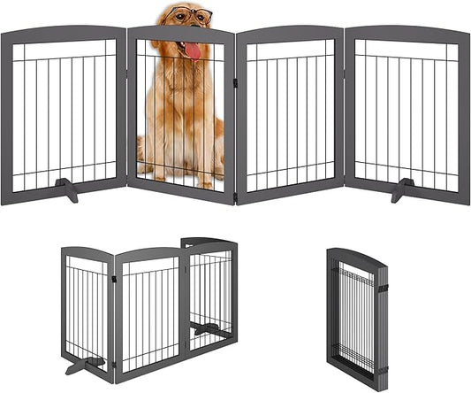 Folding Pet Gate 96" Wide, 30" Tall No-Assembly Wooden Dog Gate, Freestanding Wire Pet Gate, Pet Puppy Safety Fence, with 2PCS Support - Gray