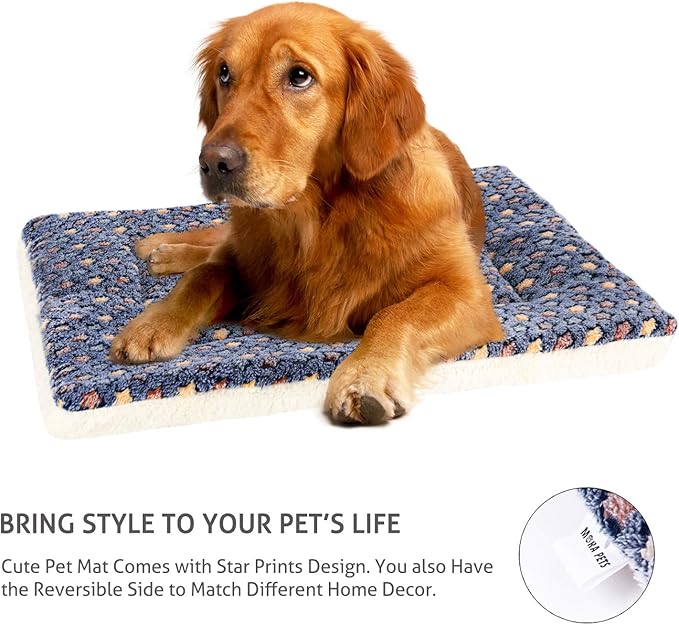 Mora Pets Dog Bed Crate Pad Ultra Soft Pet Bed with Cute Star Print Washable Crate Mat for Large Medium Small Dogs Reversible Fleece Dog Crate Kennel Mat Cat Bed Liner 35 x 22.8 inch Dark Blue