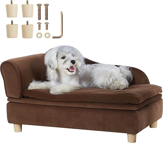 VEVOR Pet Sofa, Dog Couch for Medium-Sized Dogs and Cats, Soft Velvety Dog Sofa Bed, 81 lbs Loading Cat Sofa, Dark Brown