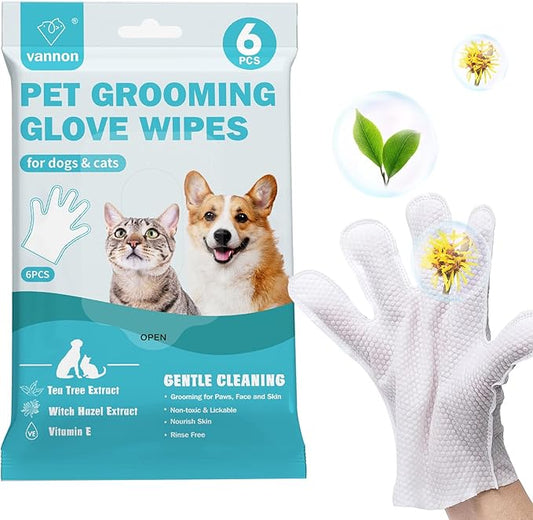 Extra Thick Pet Bathing Wipes for Dogs & Cats, Cleaning & Deodorizing Grooming Gloves, Nourish Fur Glove Wipes for Daily Care and Traveling, Rinse Free, Unscented, 6 PCS