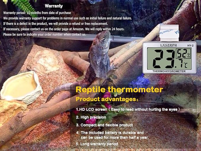 Reptile Hygrometer Thermometer LCD Display Digital Reptile Tank Hygrometer Thermometer with Hook Temperature Humidity Meter Gauge for Reptile Tanks, Terrariums, Vivarium (2 Packs)