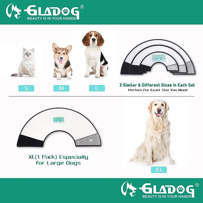 GLADOG Soft Dog Cone Collar, 3 PCS (XL Is Only 1 PCS) Flexible Plastic Cone for Dogs After Surgery, Dog Recovery Collar, Adjustable E-Collar for Large/Medium/Small Dogs Cat, Comfy Elizabethan Collar