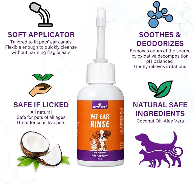 Dog Ear Rinse, Pet Ear Cleaner for Dogs and Cats, Dog Ear Drops Treats for Ear Infections and Itching, Dog & Cat Ear Cleaning Solution, Dog Ear Wash, Remove Earwax Debris Dirt Odor in Dog & Cat Ears