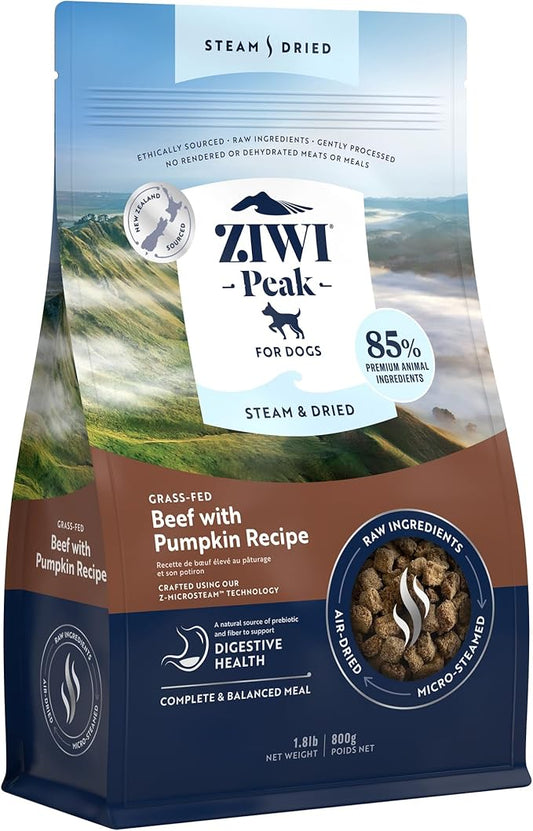 ZIWI Peak Steam & Dried Dog Food – Grass-fed Beef & Pumpkin Recipe - High Protein, Digestive Health, Low Carb, for All Breeds and Lifestages (1.8lb)