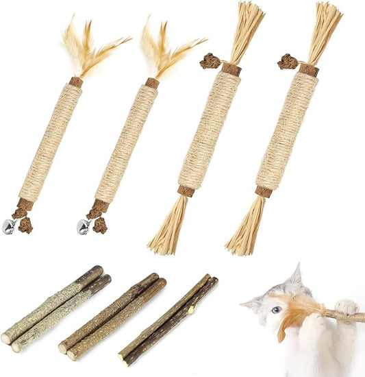 Tocirelo Cat Toys Silvervine Sticks - 10Pack Natural Cat Catnip Toys for Indoor Cats Kittens, Cat Chew Toys with Feather and Bell, Matatabi Cat Dental Care Treats for Cats Teeth Cleaning