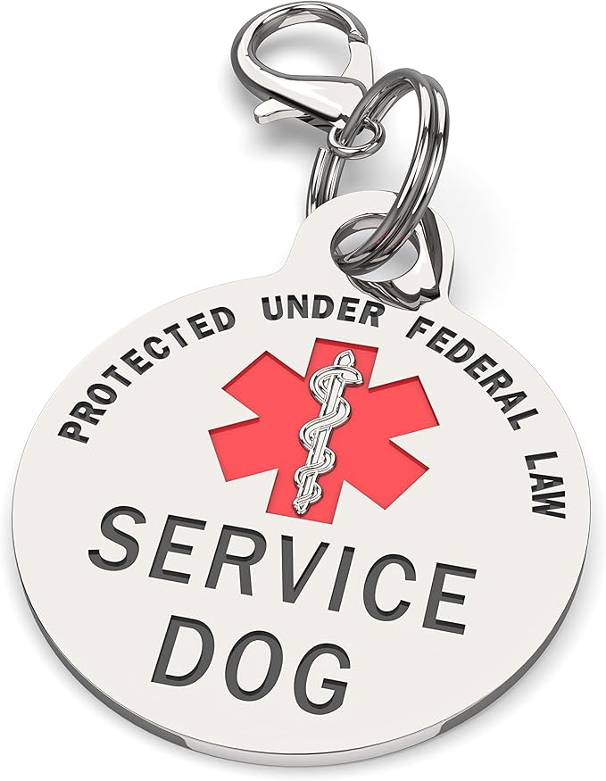 Service Dog TAG Small Breed Premium Double Sided Dog Identification .999 inch Engraved -Bold Protected Under Federal Law with Medical Alert Symbol Easily Attach to Collar Harness and Service Dog Vest