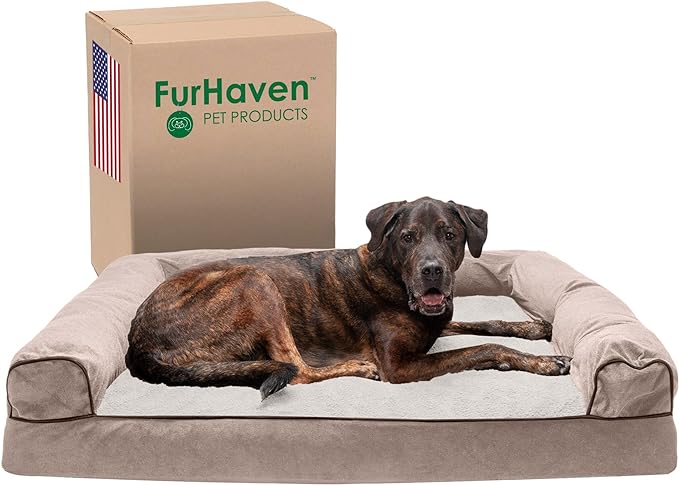 Furhaven Memory Foam Dog Bed for Large Dogs w/ Removable Bolsters & Washable Cover, For Dogs Up to 125 lbs - Sherpa & Chenille Sofa - Cream, Jumbo Plus/XXL