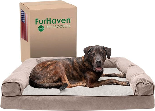 Furhaven Memory Foam Dog Bed for Large Dogs w/ Removable Bolsters & Washable Cover, For Dogs Up to 125 lbs - Sherpa & Chenille Sofa - Cream, Jumbo Plus/XXL