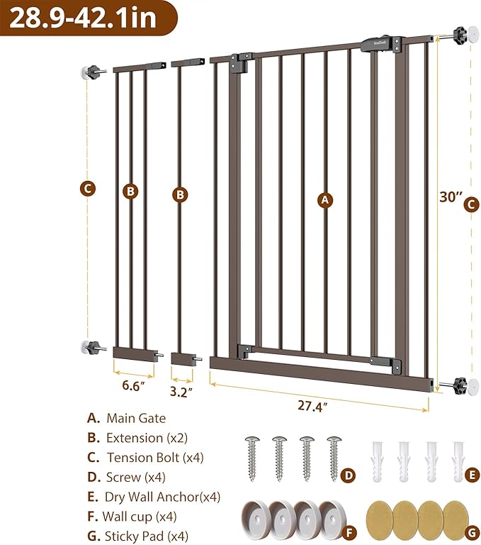 InnoTruth 28.9-42.1" Wide Baby Gate for Stairs, 30" Tall Dog Gates for Doorways Expandable One-Hand Open, Easy Walk Through Dual Lock Metal Pet Gates for Dogs, Brown-Family & Mom's Choice Award Winner