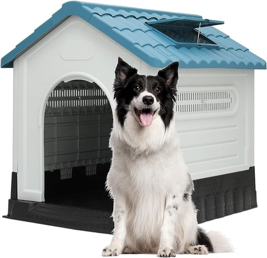 MoNiBloom 38.5 Inch Dog House for Large Dogs, Outside Insulated Plastic Dog Shelter, Weather-Proof Sturdy Dog Kennel with Elevated Floor and Air Vents, Easy Assembly Indoor Outdoor Doghouse