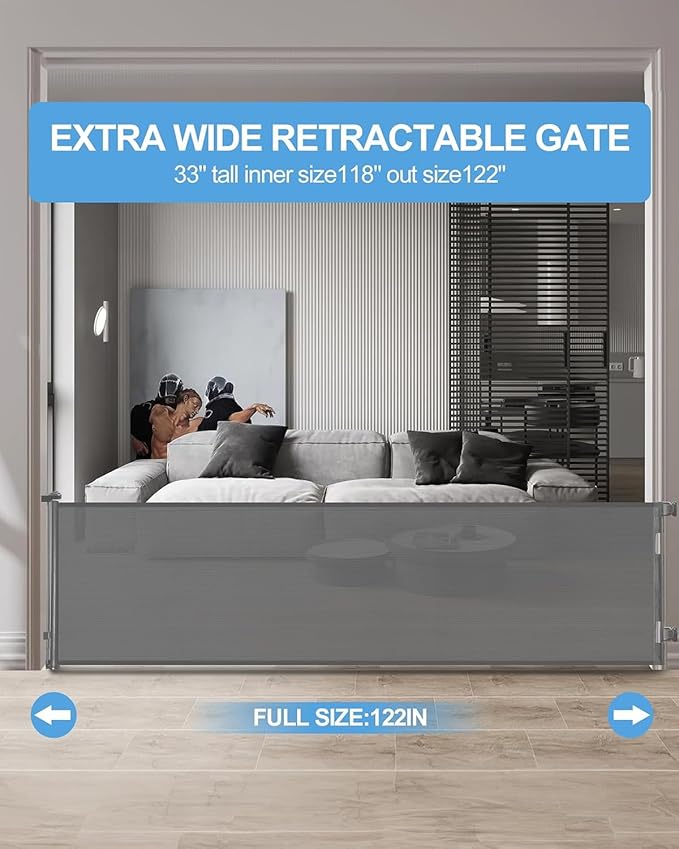 Retractable Baby Gate,Mesh Baby Extra Wide Gate,Extra Long Dog Gate,33" Tall,Large Extends up to 118" Wide,Child Safety Extra Large Gate for Doorways, Stairs, Indoor/Outdoor（Grey,33"x118"）