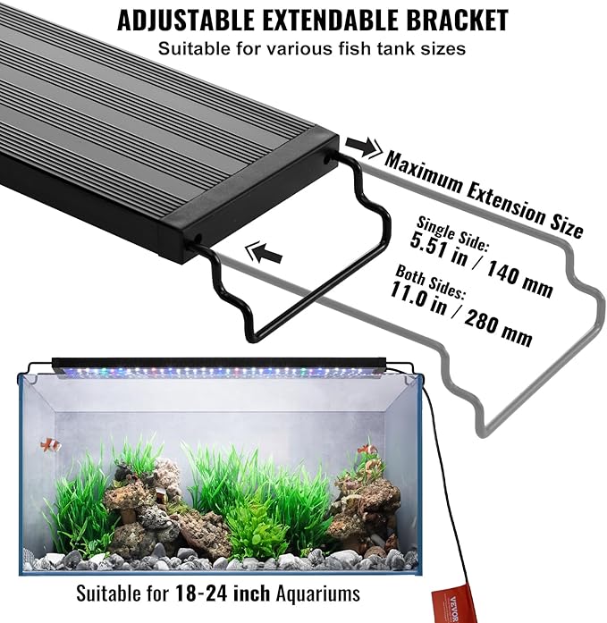 VEVOR Aquarium Light, 14W Full Spectrum Fish Tank Light with 5 Levels Adjustable Brightness, Adjustable Timer and Power-Off Memory, with ABS Shell Extendable Brackets for 18"-24" Freshwater Fish Tank