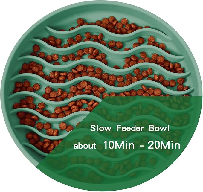 Slow Feeder Dog Bowls, Silicone Food Bowl Anti-Gulping, Pets Puppy Slow Feeder with Suction Cups, Dishwasher Microwave Safe for All Small Medium Dogs, Wave Design Green