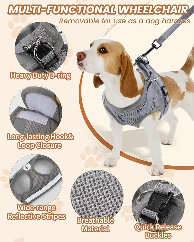 EMUST Small Dog Wheelchair for Back Legs, Wheelchairs for Dogs with Reflective Stripe, Lightweight Doggy Wheelchair, Cat Wheel Chair for Indoor Cats, Grey, XS