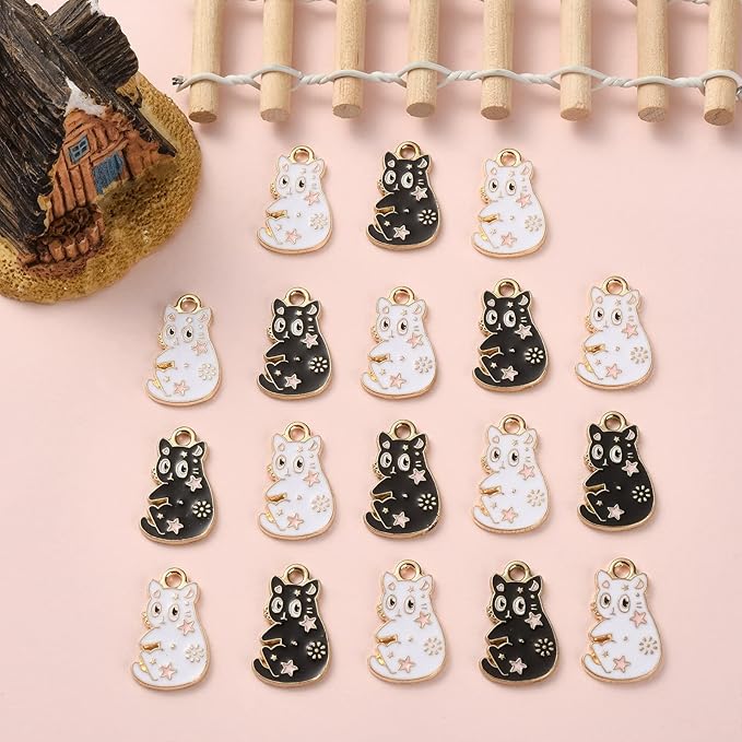 KitBeads 20pcs Black White Cat Charms Tarot Style Star Plated Kitten Charms Kawaii Animal Cute Pet Cat Charms for Jewelry Making Bulk