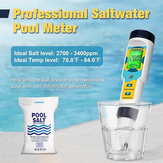 Saltwater Pool Tester Free Chlorine Meter pH and Salinity Tester 7 in 1 Free Chlorine pH Salt ORP TDS EC Temp Meter Digital Pool Water Tester pH and Free Chlorine Meter for Pool Hot Tub Spa