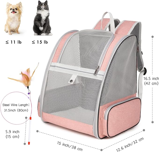 Cat Backpack Carrier, Large Pet Backpack with Cat Wand Feather Toy for Medium Small Dog Cat Puppy Kitten Bunny up to 15lbs, Ventilated Mesh Dog Travel Backpack for Hiking Walking Outdoor Use (Pink)