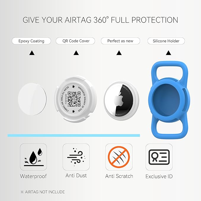 QR Code Airtag Holder, Scan QR Code Send Location Alert Email, Waterproof Full Body Protection Anti-Lost Air Tag Case, Airtag Accessories for Dog, Cats, Collar, Backpack (Blue, Regular)