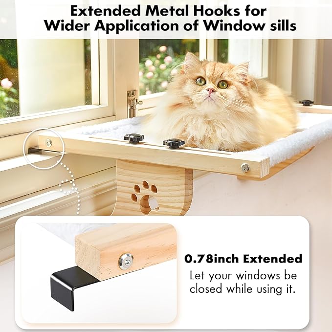 AMOSIJOY Cat Sill Window Perch Sturdy Cat Hammock Window Seat with Wood & Metal Frame for Large Cats, Easy to Adjust Cat Bed for Windowsill, Bedside, Drawer and Cabinet (24.4''-White Plush)