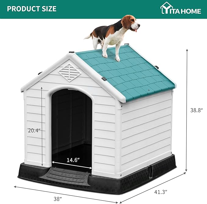 YITAHOME 41'' Large Plastic Dog House Outdoor Indoor Doghouse Puppy Shelter Water Resistant Easy Assembly Sturdy Dog Kennel with Air Vents and Elevated Floor (41''L*38''W*39''H, Blue)