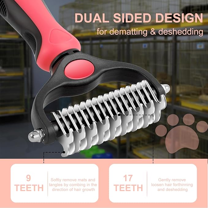 Pet Grooming Brush, Double Sided Undercoat Rake for Dogs & Cats, Professional Deshedding Brush and Dematting Tool, Safe and Effective Removing Knots, Mats, Tangles,and Flying Hair (Pink)