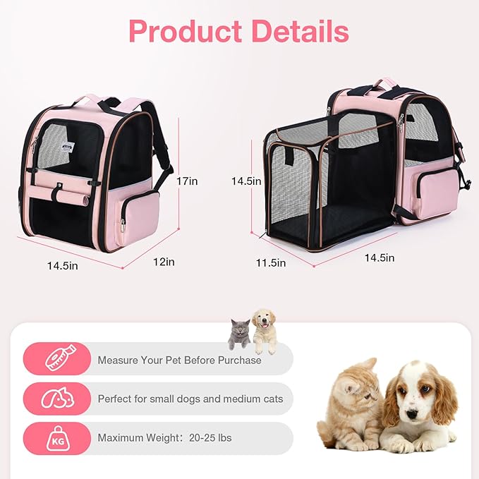 Lekebobor Extra Large Cat Backpack Carrier Expandable Pet Carrier Backpack for Small Dogs Medium Cats Fit Up to 18 Lbs, Dog Backpack Carrier, Foldable Puppy Backpack Carrier for Travel, Hiking,Pink