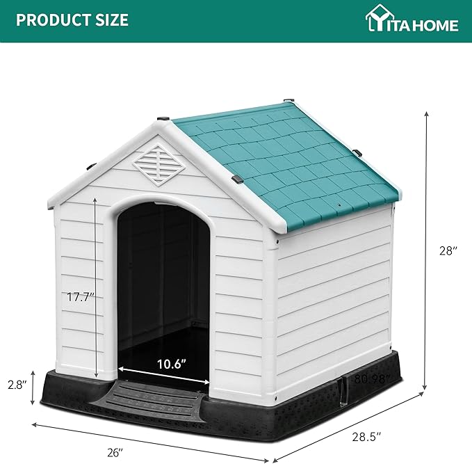 YITAHOME 28.5'' Plastic Dog House Outdoor Indoor Doghouse Puppy Shelter Water Resistant Easy Assembly Sturdy Dog Kennel with Air Vents and Elevated Floor (28.5''L*26''W*28''H, Blue)