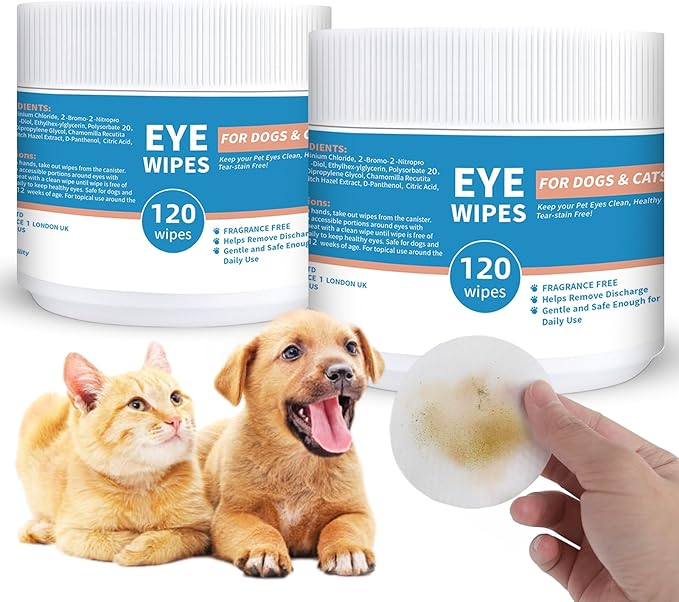 Dog and Cat Eye Wipes - 240ct/2pack Dog Tear Stain Remover Eye Wipes - with Chamomile & Witch Hazel - 3.15" Presoaked & Textured Pet Wipes for Eyes