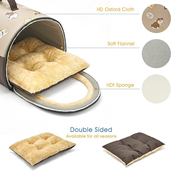 Jiupety Cozy Small Dog House, 2 in 1 Pet Dog House, M Size House for Cat and Small Dog, Portable House for Small Dogs, Brown