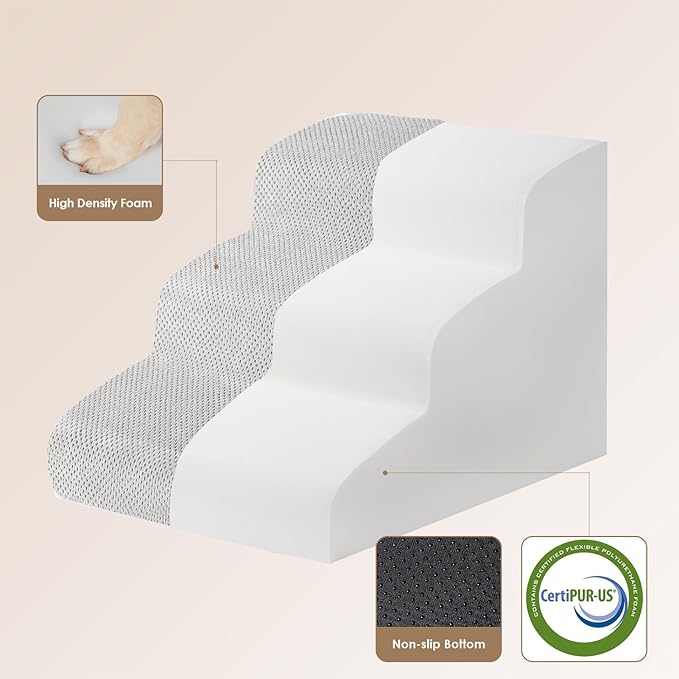 EHEYCIGA Curved Dog Stairs for Small Dogs 15.7" H, 3-Step Dog Steps for Couch Sofa and Chair, Pet Stairs for Cats, Non-Slip Balanced Pet Steps Indoor, Light Grey