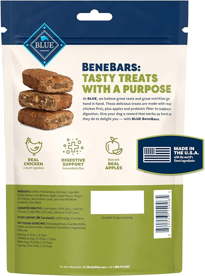 Blue Buffalo BeneBars Digestive Support Dog Treats with Prebiotic Fiber, Made with Natural Ingredients, USA Chicken & Apple, 9-oz. Bag