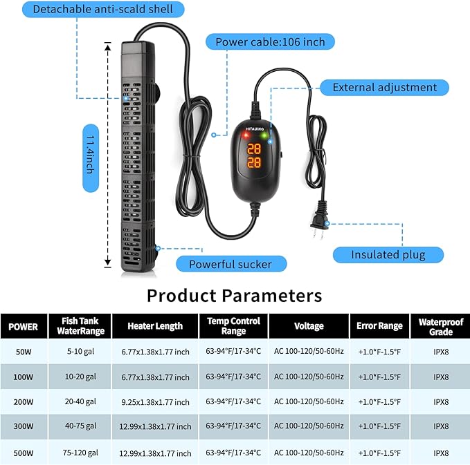 HiTauing Aquarium Heater, 50W/100W/200W/300W/500W Submersible Fish Tank Heater with Over-Temperature Protection and Automatic Power-Off When Leaving Water for Saltwater and Freshwater