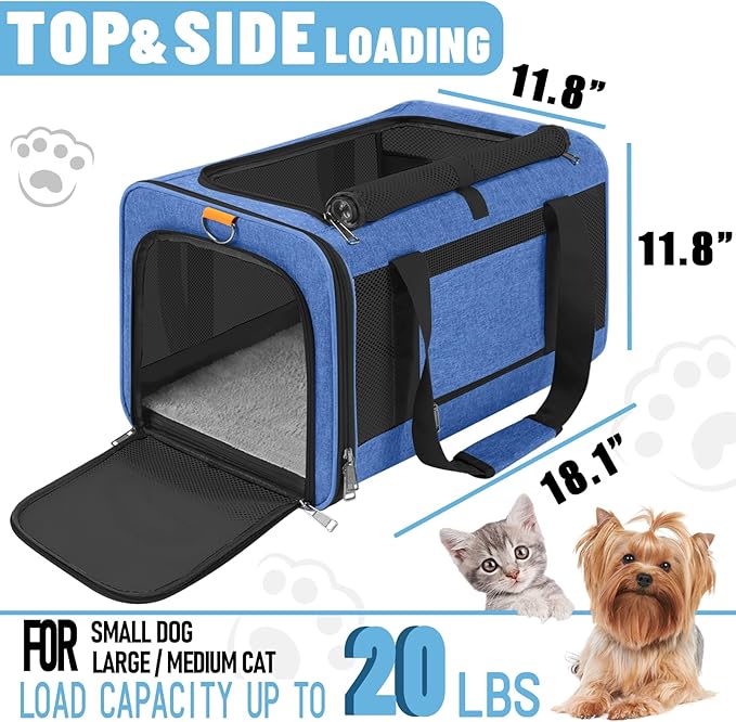 Soft-Sided Top Loading Adult Cat Carrier 20lbs, Yorkie Fabric Collapsible Comfy Cage for Teacup Dog, Easy Entry Maltese Pet Travel Purse, Kitty Carseat Animal Carrying Case Soft Kennel Blue