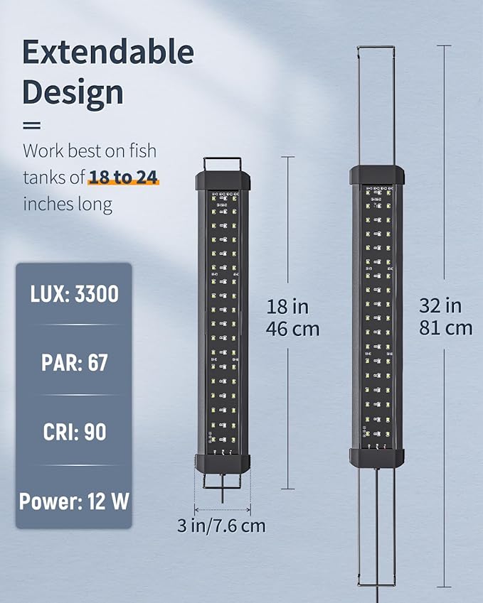 Pawfly12W Aquarium LED Light for 18 to 24 Inch Fish Tanks Extendable Fish Tank Light with Full Spectrum Brilliant White Blue Red Lights with Daytime & Night Modes and Adjustable Brightness