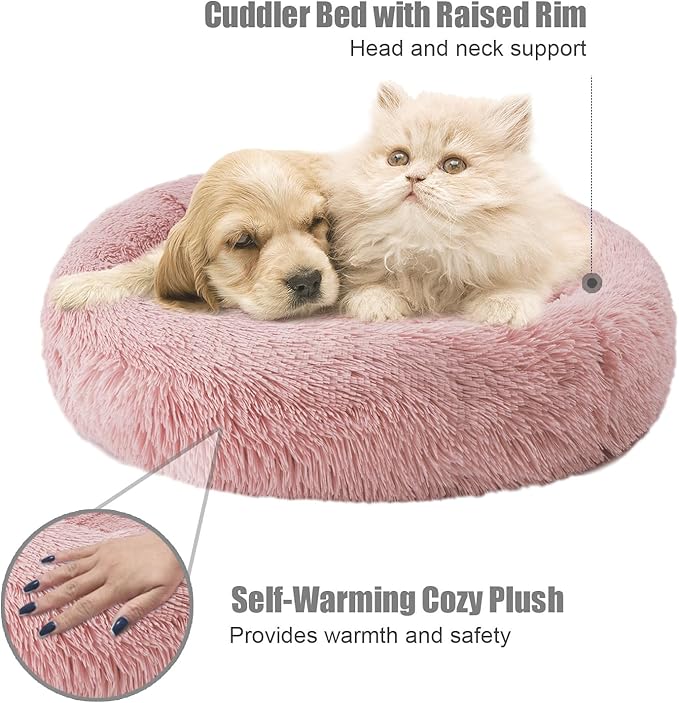 Aurako Cat Bed Dog Bed Round Cushion Pet Bed Mat Ultra Soft Plush Donut Sofa Comfortable Pillow Machine Washable Pet Cuddle Beds for Kitten Small Medium Large Dogs Cats 20" Rose Red