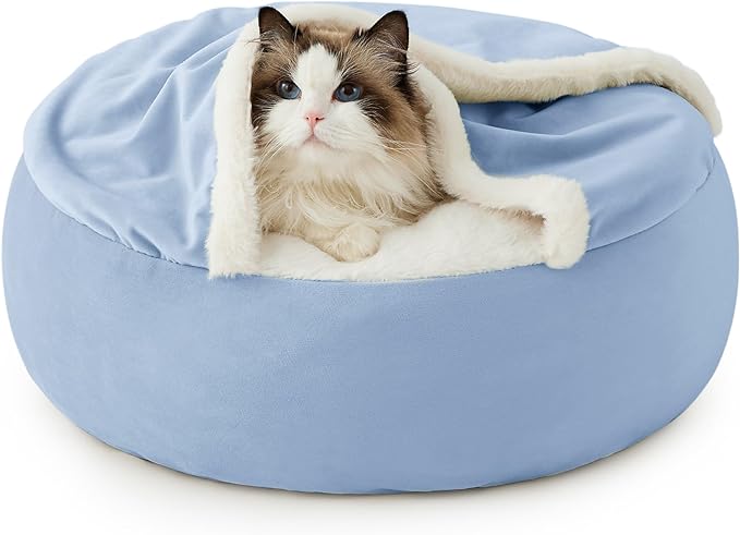 Lesure Cat Bed with Cover Cave - Covered Round Kitten Bed with Hooded Blanket, Machine Washable Burrow Pet Bed for Indoor Cats, Extra Small Cuddler Cozy Cave Puppy Bed with Anti-Slip Bottom, Blue 20"