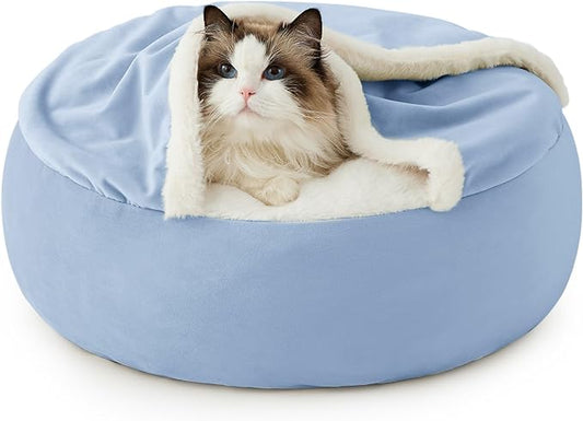 Lesure Cat Bed with Cover Cave - Covered Round Kitten Bed with Hooded Blanket, Machine Washable Burrow Pet Bed for Indoor Cats, Extra Small Cuddler Cozy Cave Puppy Bed with Anti-Slip Bottom, Blue 20"